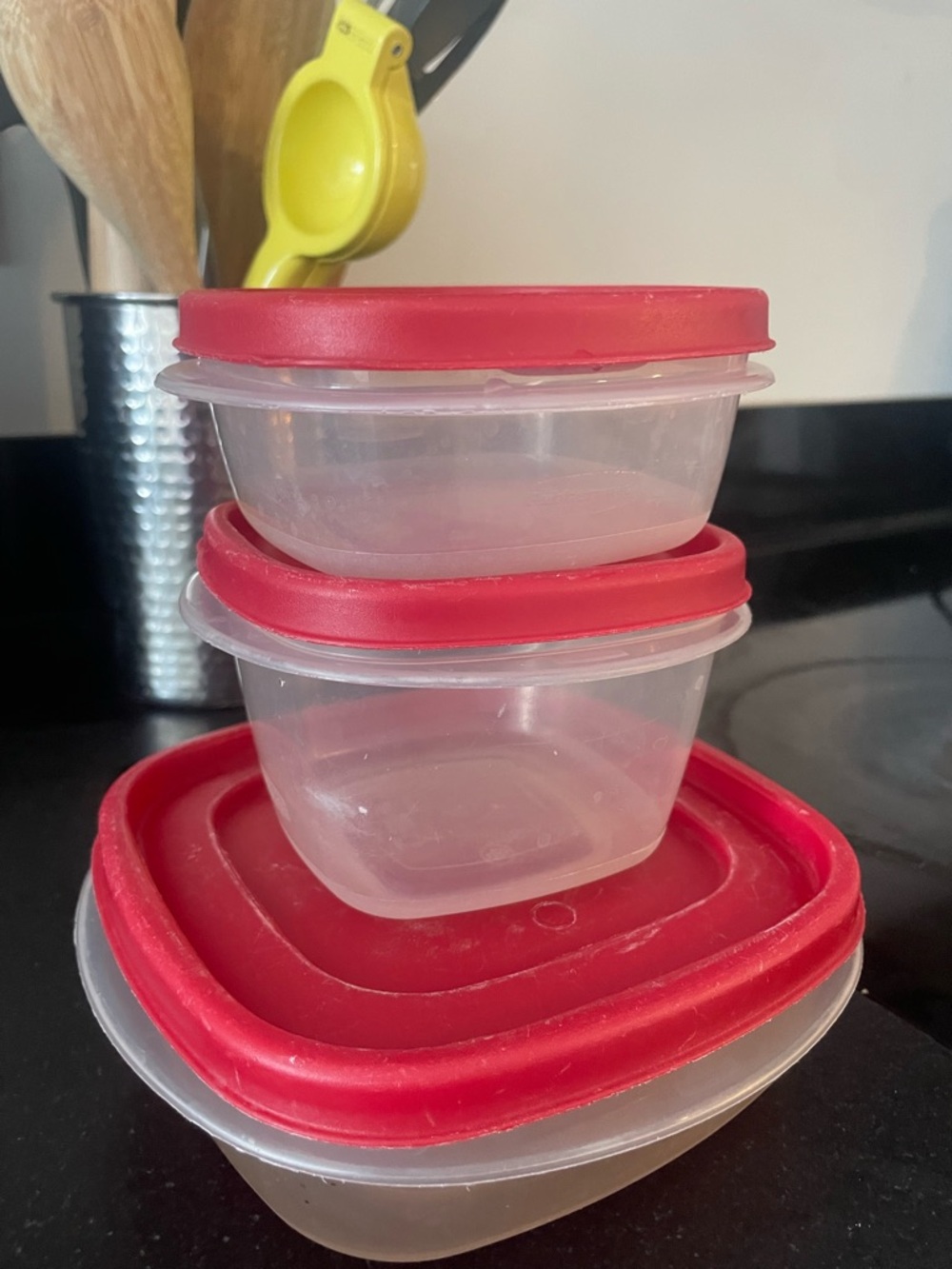Rubbermaid Clear Food Storage Containers with Red Lids - Stackable Set